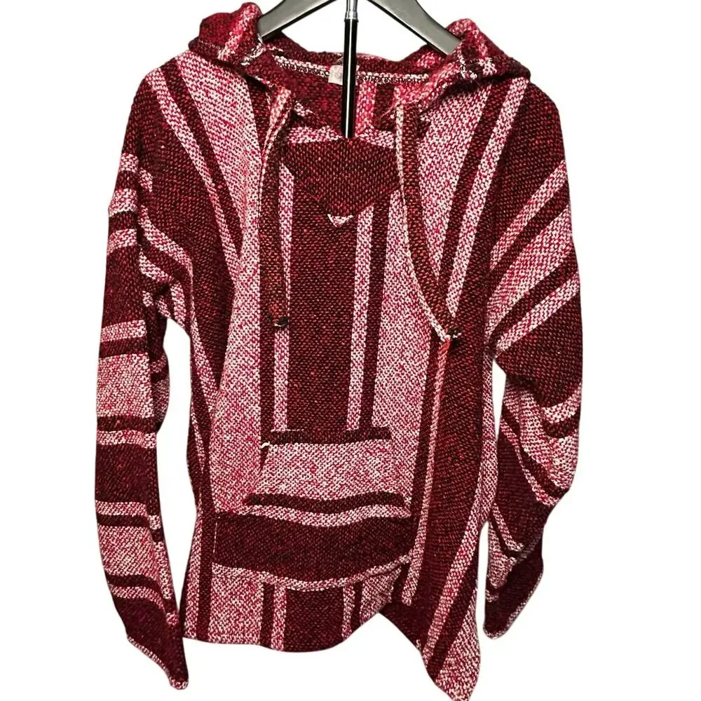 VTG Mexican Baja Hoodie Jerga Drug Rug Striped Red White Large Boho Gorpcore